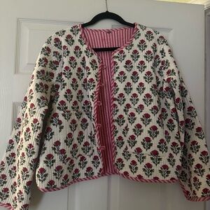 Floral Block Print Quilted Jacket with Striped Lining